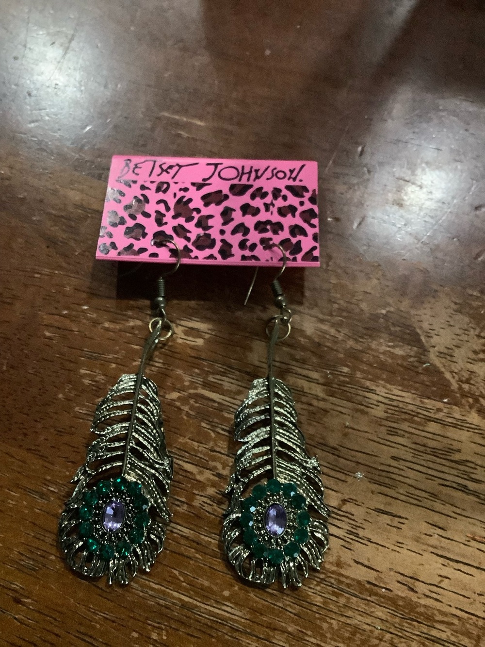 Betsey Johnson Silver Feather Earrings with Green and Purple Stones